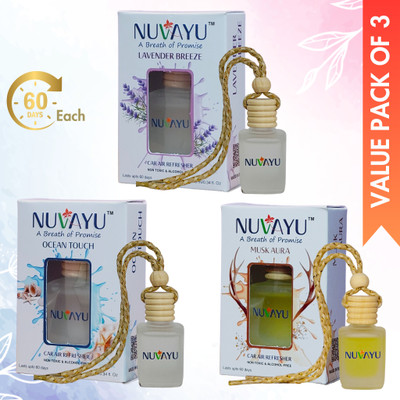 NUVAYU Ocean Touch, Lavender Breeze, Musk Aura Car Freshener Diffuser Premium Car Hanging Diffuser Air freshener, Fresh Scent No Headache, Long Lasting, All Weather Aroma(3 x 10 ml)