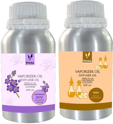 Veena Aroma Oil Diffuser, Fragrance Lavender, Oudh 500ml Set of 2 Aroma Oil(2 x 1 Units)