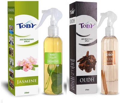 TOBY JASMINE , OUDH AIR FRESHENER ,250 ml each ,pack of 2. Spray JASMINE , OUDH AIR FRESHENER ,250 ml each ,pack of 2.(2 x 250 ml)