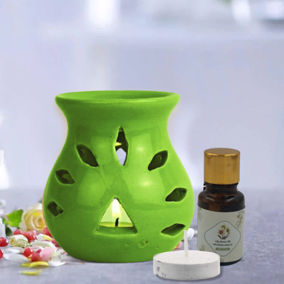 Home Delight Medium Ceramic Green Diffuser With 10ml Lilly Fragrance, One TeaLight Candles Diffuser Set, Aroma Oil HD-M-Diffuser-Green-Lilly-01(3 x 1 Units)