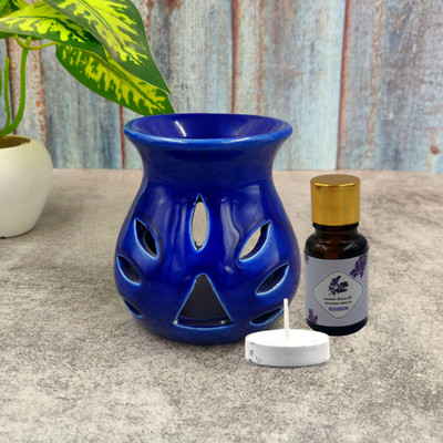 Home Delight Small Ceramic Blue Diffuser With 10ml Lavender Fragrance, One Tea Lights Candles Diffuser Set, Aroma Oil Ceramic Diffuser Burner with Lavender Aroma Oil 10ml and One Tea Light Candle for Home Fragrance (Blue- 9CM)(3 x 1 Units)