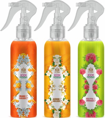 ST-JOHN Room Freshener | Long Lasting Fragrance | Orange & Rajnigandha | Jasmine & Sandalwood | Eucalyptus & Lemongrass | Combo Pack of 3 Spray(3 x 250 ml)
