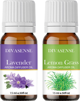 Divasense Lavender, Lemon Grass Aroma Oil, Refill, Potpourri, Diffuser, Diffuser Set Aroma Essential Oils for Diffuser Lavender and Lemon Grass of 15ml Each | Aroma Oil Diffuser for Home Fragrance | Set of 2(15 ml)