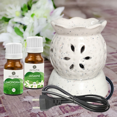 Aatiutik Lemongrass, Jasmine Diffuser Set andcrafted Ceramic Electric Diffuser for Home Fragrance Aroma Oils for Aromatherapy | Air Freshener | Camphor/Essential Oil Burner | Night Lamp Light(2 x 10 ml)