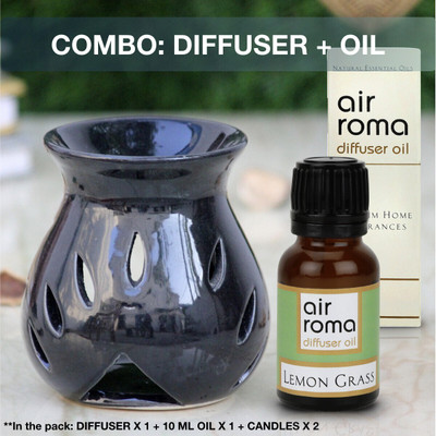 Airroma Lemon Grass Diffuser, Diffuser Set, Aroma Oil Ceramic Aroma Diffuser Oil Burner(Black) with 10ml Lemon Grass Oil & 2 Pcs Candles(4 x 1 Units)