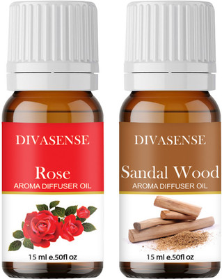 Divasense Rose, Sandal Wood Aroma Oil, Refill, Diffuser, Diffuser Set Aroma Essential Oils for Diffuser Rose and Sandal Wood of 15ml Each | Aroma Oil Diffuser for Home Fragrance | Set of 2(2 x 7.5 ml)