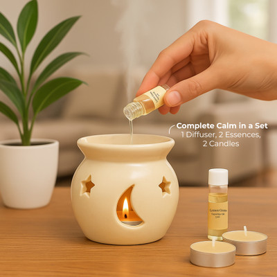 Floryn decor Lemongrass Diffuser Set Ceramic Oil Diffuser Set with 5ml Essential Oil & 2 Tealight Candles(5 x 100 g)