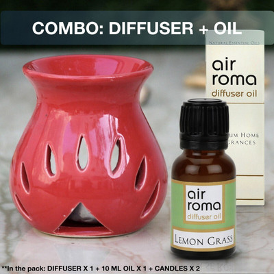Airroma Lemon Grass Diffuser, Diffuser Set, Aroma Oil Ceramic Aroma Diffuser Oil Burner(Red) with 10ml Lemon Grass Oil & 2 Pcs Candles(4 x 1 Units)
