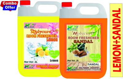 Holycure LEMON, SANDAL Refill Air Room Freshener Refill 2ltr Combo Ready to Use Long Lasting & Instant Deodorizer Pleasant Natural Fragrance for Home Office Safe on Curtains Carpet Sofa(2 x 2000 ml)
