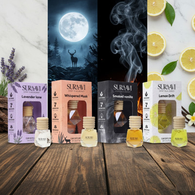 SURAAVI Lemon Drift, Smoked Vanilla, Whispered Musk, Lavender Lane Car Freshener Diffuser Set Premium Car Perfume Air Freshener Hanging Pod(2 x 4 ml)
