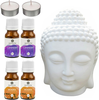 Aatiutik Mogra, Lavender, Tlight Buddha Head Diffuser Set AT-2TL_2LV_2MOG(7 x 5.71 ml)