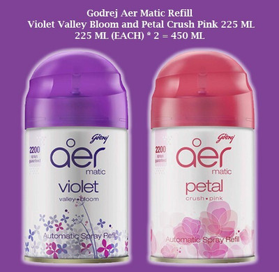 Godrej PETAL, LAVANDER Refill AER MATIC VIOLET VALLEY BLOOM AND PETAL CRUSH PINK REFILL 225 ML ( 225 ML EACH * 2 = 450 ML)(2 x 225 ml)