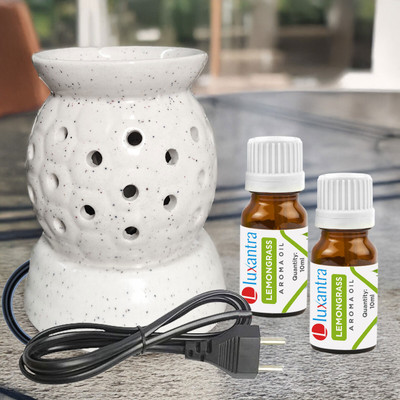 Luxantra Lemongrass and Sandalwood Camphor/Essential Oil Aroma Diffuser Electric Diffuser Set Air freshener Ceramic Oil Burner Night Lamp with Set of 2 Aroma Fragrance Oil(3 x 6.67 ml)