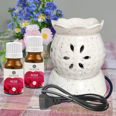 Aatiutik Rose Diffuser Set andcrafted Ceramic Electric Diffuser for Home Fragrance Aroma Oils for Aromatherapy | Air Freshener | Camphor/Essential Oil Burner | Night Lamp Light(2 x 10 ml)