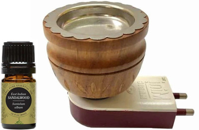 CraftQua Sandalwood Aroma Oil Wooden Diffuser Set, Aroma Oil Electric New Wooden Kapoor dani cum Aroma Oil Diffuser For Fragrance And Ambience|Direct Plug-In Incense Burner/Kapoor Dani|Sturdy High Quality Plug For Better Support Wooden Incense Holder (Brown)(2 x 5 ml)