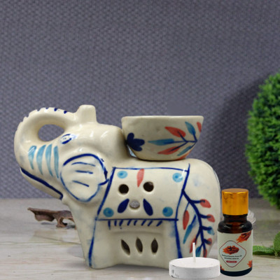 Home Delight Elephant Shape Ceramic Blue Diffuser With 10ml Sandal Wood Fragrance Oil Diffuser Set, Aroma Oil HD-Elephant-Diffuser-White-SandalCinnamon-01(3 x 1 Units)