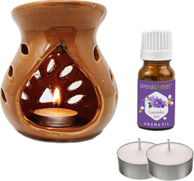 PeepalComm Premium Ceramic Brown Oil Burner Diffuser With 1 Lavender Oil 2 Tlight candles Diffuser, Aroma Oil PC BrownDiff_LV(4 x 2.5 ml)