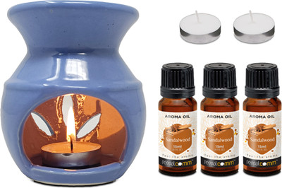 PeepalComm Combo Gift Set-Ceramic Blue Oil Burner Diffuser With 4 candles,3 15ml Sandalwood Aroma Oil, Diffuser Set Combo Gift Set - Ceramic Blue Oil Burner Diffuser With 3 15ml Each Rose Aroma Oil ( 45ml ) & 2 T-Light Candles For Home Office Hotel Nice Fragrance In Atmosphere,Perfect For Gift(1 Uni