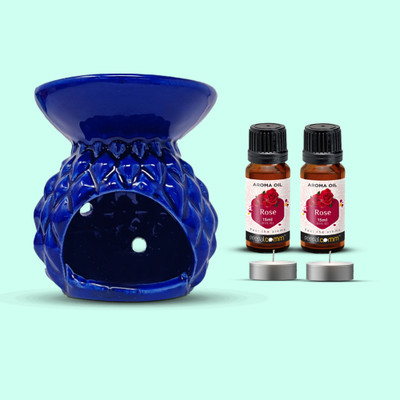 PeepalComm Premium Aroma Oil Burner Blue (Free 2 Tea Light Candles & 2 15 ml Rose Oil ) Aroma Oil, Diffuser Set, Refill Combo Pack - Premium Blue Ceramic Aroma Oil Burner Diffuser + 2 High Scented Rose Aroma Oil ( 15ml Each ) For Air Freshener ( 2 Small t-light candles Free )R2(30 ml)