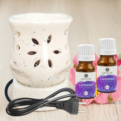 Aatiutik Lavender Diffuser Set Handcrafted Ceramic Electric Diffuser Fragrance Aroma Oils for Aromatherapy | Air Freshener | Camphor/Essential Oil Burner | Night Lamp Light(3 x 6.67 ml)