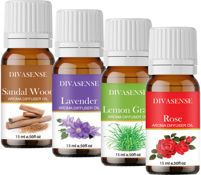 Divasense Sandal Wood, Lavender, Lemon Grass, Rose Diffuser Aroma Essential Oils for Diffuser Sandal Wood, Lavender, Lemong Grass and Rose of 15ml Each | Aroma Oil Diffuser for Home Fragrance | Set of 4(4 x 3.75 ml)