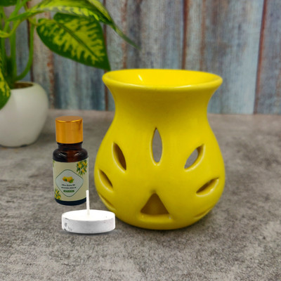 Home Delight Small Ceramic Yellow Diffuser With 10ml Citrus Fragrance, One Tea Lights Candles Diffuser Set, Aroma Oil Ceramic Aroma Diffuser Burner with Lemon Aroma Oil 10ml and One Tea Light Candle for Home Fragrance (Black - 9CM)(3 x 1 Units)