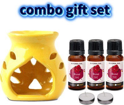 PeepalComm Premium Ceramic Yellow Oil Burner Diffuser With 2 candles + 3 15ml Rose Aroma Oil, Diffuser Set(45 ml)