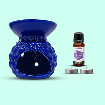 PeepalComm Premium Aroma Oil Burner Blue (Free 2 Tea Light Candles & 15 ml Lavender Oil) Aroma Oil, Diffuser Set, Refill Combo Pack - Premium Blue Ceramic Aroma Oil Burner Diffuser + 1 High Scented Lavender Aroma Oil ( 15ml ) For Air Freshener ( 2 Small t-light candles Free )(15 ml)