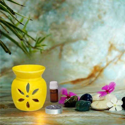 Jimkia Ceramic Tealight Candle Diffuser Set Tomato Shape Oil Burner(Yellow), Rose Aroma Oil, Diffuser, Diffuser Set(10 ml)