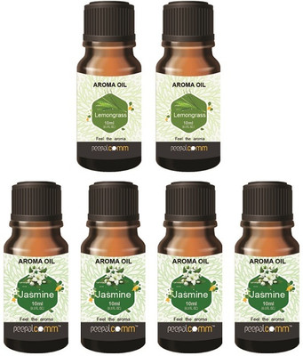 PeepalComm High Scented Aroma Oil L.Grass Jasmine Set Of 6 For Freshener 4-2 Combo Aroma Oil, Refill, Diffuser Home Gift Scented Aroma Oil for Diffuser, Burner Kapoordani Set of 6 - Fragrance Scent - Jasmine & Lemon Grass- Best for Home Office, Cool Mist Large Rooms, Bedroom, (Each 10ml) S15(60 ml)