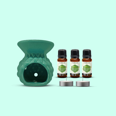 PeepalComm S3 Premium Aroma Oil Burner (Free 2 T-Light Candles & 3 Bottles Lemon Grass Oil) Aroma Oil, Diffuser Set, Refill Combo Pack -Premium Green Ceramic Aroma Oil Burner Diffuser + 3 High Scented Lemon Grass Aroma Oil ( 15ml Each ) For All Air Freshener ( 2 Small t-light candles Free )R3(45 ml)
