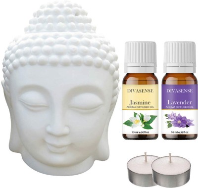 Divasense Air freshener Ceramic Buddha, Essential Oil Burner, Lavender, Jasmine Aroma Oil, Diffuser Set(2 x 15 ml)