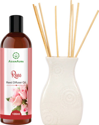 Asian Aura Rose Diffuser Set White pot Reed Diffuser with Aroma Oil Rose Fragrance(100 ml)