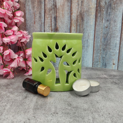 Home Delight Tree Cutting Green Ceramic Diffuser With 10ml Lily Fragrance (2-Tealight Candle) Diffuser Set, Aroma Oil Tree Cutting Green Ceramic Diffuser With 20ml Citrus Fragrance 2Tealight Candle(10 ml)