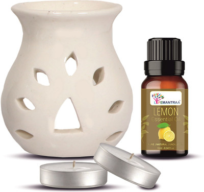 lifemantraa White Ceramic Diffuser Burner with Lemon Aroma Oil for Home Fragrance Diffuser Set Ceramic Aroma Diffuser Burner with Lemon Aroma Oil 10ml and Two Tea Light Candles for Home Fragrance (White - 9CM)(1 Units)