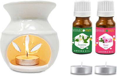 PeepalComm Ceramic White Oil Burner Diffuser With 2 candles & 2 10ml Jasmine+Rose Aroma Oil, Diffuser Set Luxury Home Décor Ceramic White Oil Burner Diffuser With 2 10ml Lemon Jasmine Rose Oil ( 20ml ) & 2 T-Light Candles For Home Office Hotel Nice Fragrance In Atmosphere, Perfect For Gifting Purpos