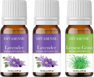 Divasense Aroma Diffuser Oil Home Fragrance, Lavender, Lemongrass Aroma Oil, Diffuser, Diffuser Set, Refill 10ml each Aroma Diffuser Oil/ Burner Oil, pack of 3 Freshener Fragrance(3 x 10 ml)