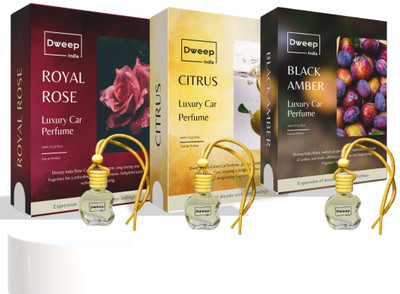Dweep India Royal Rose, Citrus, Black Amber Car freshener, Air Freshener, Car Perfume hanging Diffuser Rose, Citrus & Black Amber Car Perfume, Fresh Aroma, Air Freshener, Car Fragrance(3 x 10 ml)