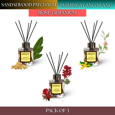 Arxon Luxury Reed Diffuser Pack of 3 – Sandalwood, Jasmine & Rose Geranium Diffuser Set Reed Diffuser Pack of 3 – Sandalwood, Jasmine & Rose Geranium(3 x 50 ml)