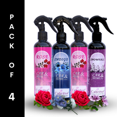 CABRESE Rose, Rose, Indigo, Snowfall Car Freshener Spray Black bottle packaging premium room freshener(4 x 250 ml)