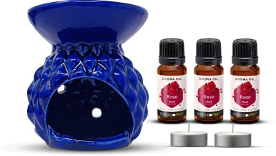 PeepalComm Premium Aroma Oil Burner Blue (Free 2 Tea Light Candles & 3 15 ml Rose Oil ) Aroma Oil, Diffuser Set, Refill(45 ml)