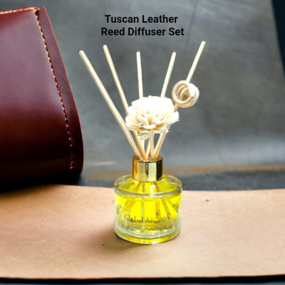 GLOBAL AROMA Tuscan Leather Reed Diffuser Set Fragrance for Office, Home, Gym and Yoga Diffuser Set Tuscan Leather Reed Diffuser Set 120 ML,Fragrance for Office, Home, Gym and Yoga | Mood Enhancer, Smoke Less Room Freshener for Home(120 ml)