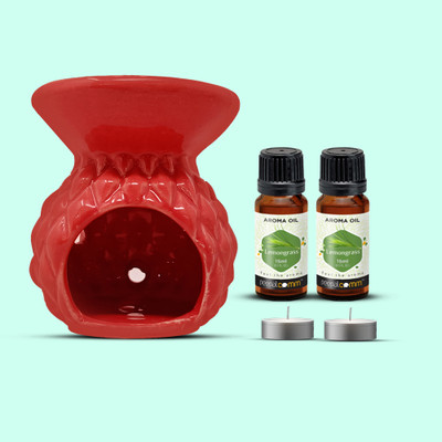 PeepalComm R4 Premium Aroma Oil Burner (Free 2 T-Light Candles & 2 Bottle Lemon Grass Oil) Aroma Oil, Diffuser Set, Refill Combo Pack - Premium Red Ceramic Aroma Oil Burner Diffuser + 2 High Scented Lemon Grass Aroma Oil ( 15ml Each ) For All Air Freshener ( 2 Small t-light candles Free )Texture Pat
