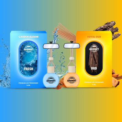 AroDrift Garden Bloom, Royal Oud Car Freshener Diffuser Premium Hanging Car Perfume | Garden Bloom, Royal Oud |Car Accessories | 15ML X 2 Bottle | 30 ML(2 x 15 ml)