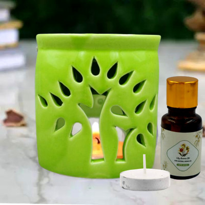 Home Delight TreeCut Shape Ceramic Green Diffuser With 10ml Lilly Fragrance Diffuser Set, Aroma Oil HD-TreeCut-Diffuser-Green-Lilly-01(3 x 1 Units)