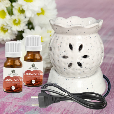 Aatiutik Sandalwood Diffuser Set Handcrafted Ceramic Electric Diffuser for Home Fragrance Aroma Oils for Aromatherapy | Air Freshener | Camphor/Essential Oil Burner | Night Lamp Light(2 x 10 ml)