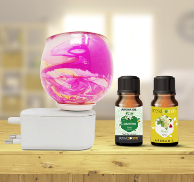 PeepalComm Home Scented Marble Printed Electric Burner Lamp+2 Jasmine & Mogra (10ml Each ) Aroma Oil, Diffuser Set, Refill Premium Ceramic Electric Air Freshener Burner Cum Night Lamp with Switch to Toggle Between Burner and Lamp With 2 Aroma Oil ( 10ml Each) Mogra gift Set(20 ml)