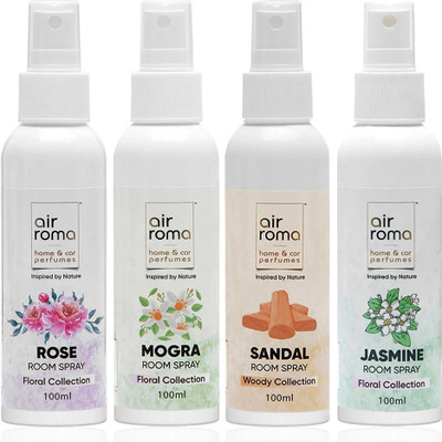 Airroma Combo of 4 Air Freshener Spray- Rose Original, Sandal Sweet, Jasmine Flower, Mogra Magic, 100 ml Each for Home, Car & Office Spray Combo of 4 Air Freshener Spray(4 x 100 ml)