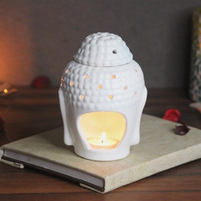 Brahmz Ceramic White Buddha Aroma Tealight Candle Diffuser with 10 grams Lemongrass Diffuser Set(10 g)