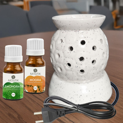 Aatiutik Lemongrass, Mogra Diffuser Set Handcrafted Ceramic Electric Diffuser Fragrance Aroma Oils Burner for Aromatherapy | Camphor/Essential Oil Diffuser for Home office spa with Aroma Oil | Night Lamp Light(20 ml)
